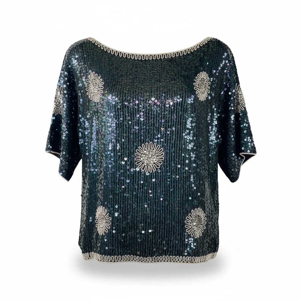 Anishkumar & Co. Pure Silk Beaded Sequin Top | Made in India | Size L